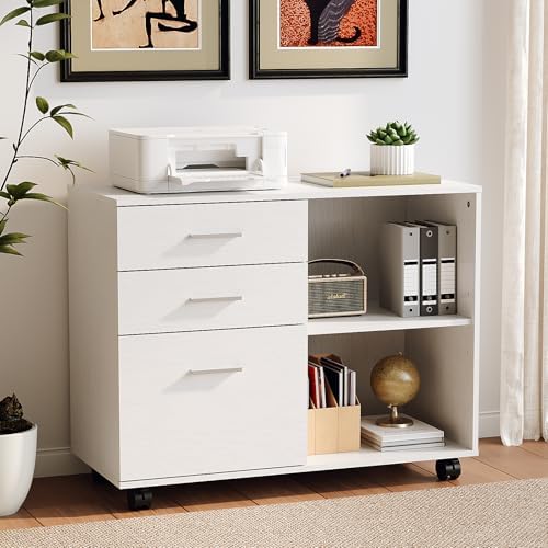 VINGLI 3 Drawer Wood Lateral File Cabinet with Adjustable Shelves & Locking Wheels, Printer Stand with Drawers for Letter Size Files, Sturdy White File Cabinets for Home Office, Study & Business by VINGLI