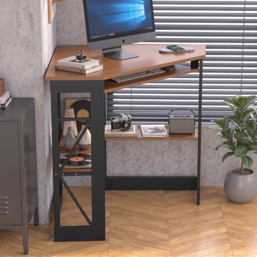 VECELO Corner Computer Desk 41 x 30 inches with Smooth Keyboard & Storage Shelves for Home Office Workstation, Teakwood Brown - Image 2