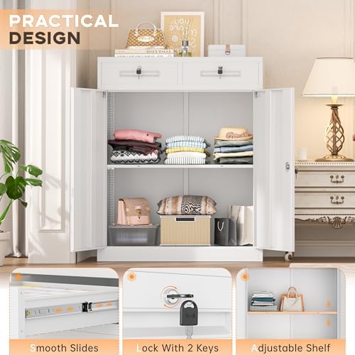 INTERGREAT Metal Garage Storage Cabinets with Lock,Steel Storage Cabinet with Drawer and 2 Adjustable Shelves, Small Lockable Office Steel Cabinet for Home, Warehouse, School, White - Image 4