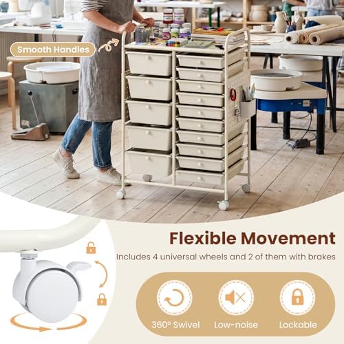 Giantex 15 Drawer Storage Cart, Rolling Craft Cart with Metal Tabletop & Pegboard, Mobile Utility Organizer Trolley with Locking Wheels, Home Office, Classroom, Teacher Supplies, Ivory - Image 7