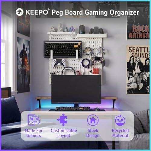 Keepo Peg Board Wall Organizer for Gaming Setup, Pegboard with Adhesives & Screw Mounts, Includes Peg Board Accessories for Gaming Accessories, Tech Storage & Office Organization (White, 22″×22″) - Image 2