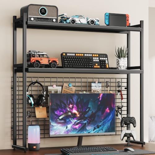 2-Tier Desktop Bookshelf, 38.6" Metal Desktop Organizer with Grid Panel by BYMECOST