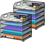 Cawukege 2 Pack 5 Tier Paper Organizer, Letter Tray with Handle, Mesh Desk Organizer, Metal File Organizer, Office Desk Accessories for Home, Office, Classroom, School -Black by Cawukege