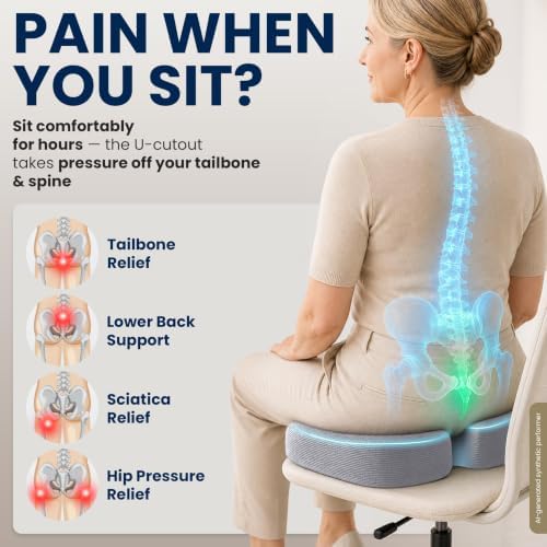 5 STARS UNITED Seat Cushion - Memory Foam Chair Cushion for Tailbone Pain Relief - Ergonomic Support for Coccyx, Sciatica & Butt - Office, Desk & Gaming Chair, Car Seat, Wheelchair, Airplane, L Gray - Image 2