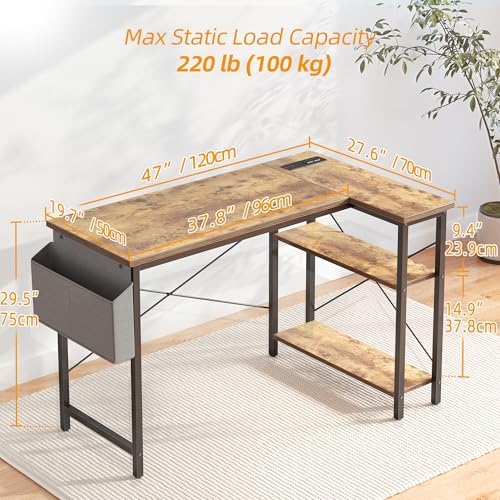 TIQLAB L Shaped Computer Desk with Power Outlets, 47 Inch Small Corner Desk with Reversible Shelves, Gaming Desk Computer Table Study Writing Desk for Home Office Small Space, Rustic Brown - Image 3