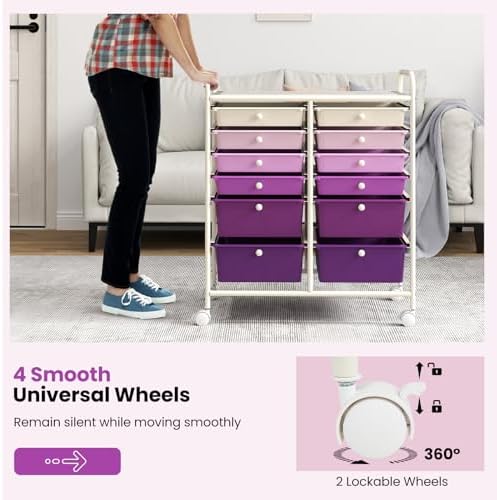 LDAILY 12 Drawer Rolling Storage Cart, Craft Cart Organizer on Wheels with Metal Frame, Large Capacity & Smooth Drawers for Living Room, Classroom, Office (Gradient Purple) - Image 4