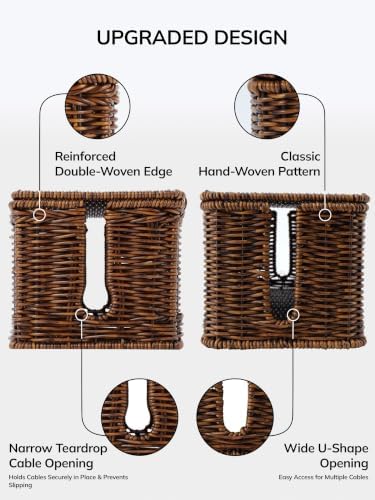 BROWNLILY Cable Management Box, Rattan Style Cord Organizer for Desk Cord Hider Outlet Covers for Power Strip Router Charger Under Desk Storage with Lockable Lid & Cable Ties(Braided Edging,Brown,Set) - Image 4
