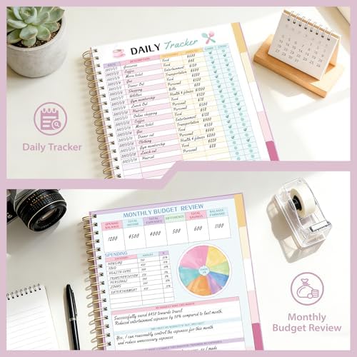 Ospelelf Oversized Budget Planner and Monthly Bill Organizer, Spiral Bindding Money Expense Tracker with Pockets & Stickers, 9" X 11" Large Pages for Spacious Writing, Original Fun Colorful Design, 12 Month Financial Notebook Pink - Image 4