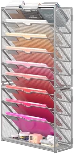 Lavatino 10-Tier Hanging Wall File Folders Organizer - Silver Metal Mesh Paper Magazine Document Mail Holder File Organizer for Office School Home Wall Mount or Desk Supplies Organization by Lavatino