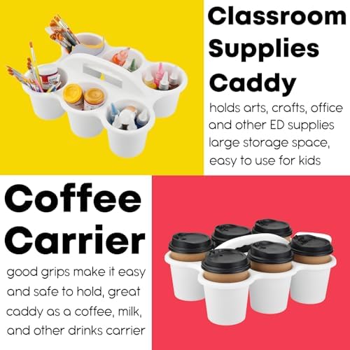 ALINK 6 Pack Classroom Caddy Storage Basket with Handle, Plastic Drink Cup Caddy Holder, 6 Compartments for Kids, Table, Office, Arts, Crafts, Crayon, Marker, Pencil, School Supplies - White - Image 4