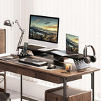 Fenge Dual Monitor Stand, Wooden Desk Shelf with Headphone & Phone Holder - Image 2