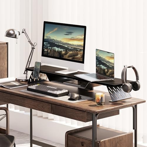 Fenge Dual Monitor Stand, Wooden Desk Shelf with Headphone & Phone Holder - Image 2