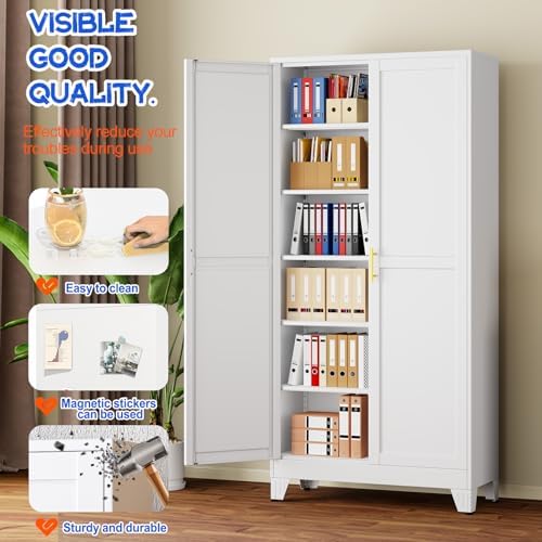 GAIOUS 75'' Tall Metal Garage Storage Cabinet,File Cabinet with 2 Doors and 5 Adjustable Shelves, Outdoor Steel Tool Cabinet for Home,Office,Warehouse,Garage,White - Image 3