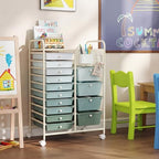 Giantex 14 Drawer Storage Cart, Rolling Craft Cart with Metal Tabletop & Pegboard, Mobile Utility Organizer Trolley with Locking Wheels, Home Office, Green Gradient - Image 4