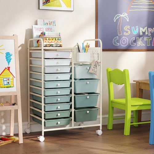 Giantex 14 Drawer Storage Cart, Rolling Craft Cart with Metal Tabletop & Pegboard, Mobile Utility Organizer Trolley with Locking Wheels, Home Office, Green Gradient - Image 4