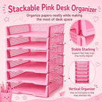6 Pcs Pink Turn in Trays Classroom, Stackable Paper Bins for Classroom, 13x9x2.8 inch Plastic Baskets Desktop Organization System Office (Pink) - Image 4
