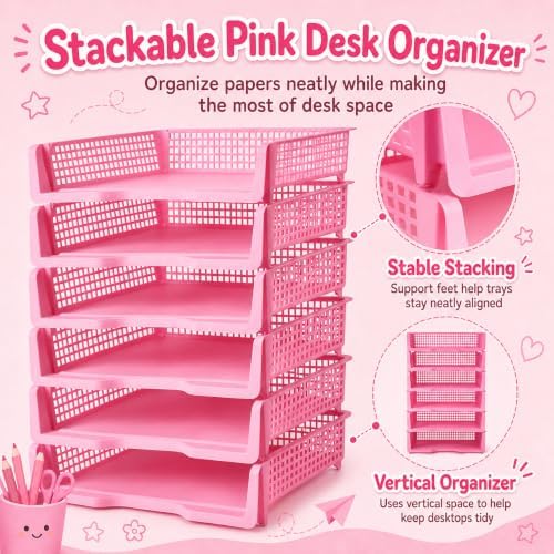 6 Pcs Pink Turn in Trays Classroom, Stackable Paper Bins for Classroom, 13x9x2.8 inch Plastic Baskets Desktop Organization System Office (Pink) - Image 4