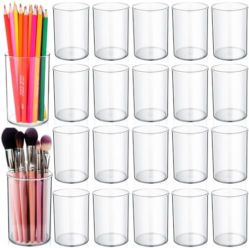 Crtiin 20 Pack Clear Acrylic Pen Holder Makeup Brush Round Pencil Holder for Desk Pen Cups Desk Organizers and Storage Desktop Stationery Organizer for Office School Home Supplies by Crtiin