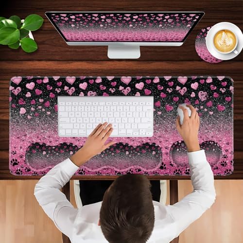 Keyboard Wrist Rest and Mouse Pad with Wrist Support Set Ergonomic Coaster,Memory Foam,Easy Typing Pain Relief,Large XL Desk Mat 31.5"x 11.8",Glitter Hearts and Paw Prints - Image 4