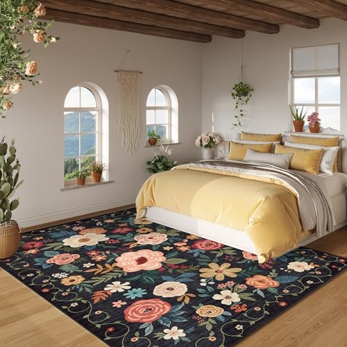 DUKINO 5x7 Area Rugs, Floral Washable Rug for Living Room Non Slip, Black - Image 6
