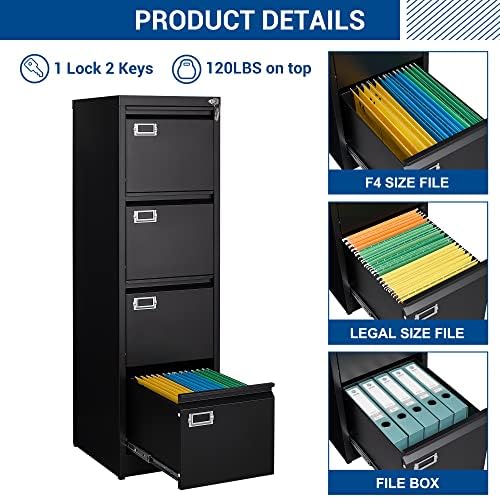 Fesbos File Cabinet - 4 Drawers Vertical 17.8" Deep Lockable Filing Cabinet Black Metal Storage Cabinets for Home Office to Hanging Files Letter/Legal/F4/A4 Size - Image 5