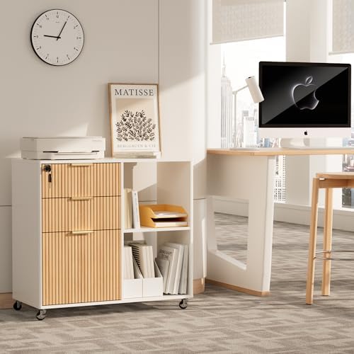 INNOD 3 Drawer Fluted Mobile Filing Cabinet with Lock, Lateral Rolling Under Desk File Cabinet, Wooden Printer Stand Table for Home Office Essentials Storage Organization Furniture Letters/A4(Oak) - Image 7