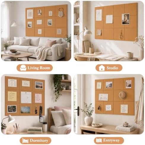 48" x 36" Decorative Bulletin Boards, Large Cork Board Alternative | 50 Pushpins60 Adhesive Tabs, Solid-Tile 12PC Felt Wall Tiles, Cork Boards for Office Push Pin Board Felt Board, Creamy Coffee - Image 5