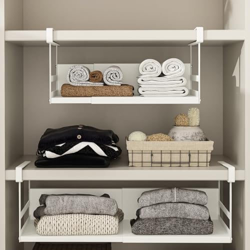 Expandable Under Cabinet Shelf Organizer with 0.94 Inches Thick Clips, Heavy Duty Extendable Under Shelf Storage Basket for Pantry or Laundry Room, White, 1 Pack, Interior: 5.7" H x 8.54" D - Image 2