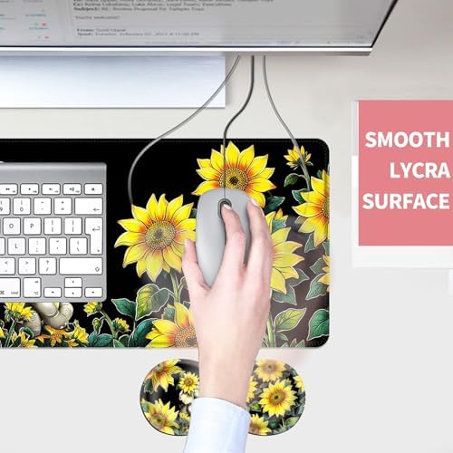 Mouse Pad,Large Desk Mat Set, 4in1 XL Mousepad + Keyboard Wrist Rest+Mouse Wrist Rest+Coaster with Ergonomic Desk Pad for Home Office Table Computer Cover -Elephant with Sunflowers - Image 4