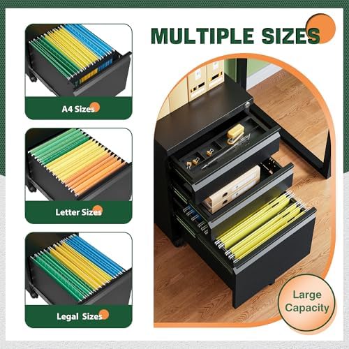 Letaya 3 Drawer Mobile File Cabinet with Lock,Under Desk Metal Filing Cabinets for Home Office Organizer Letters/Legal/A4((Fully Assembled-Black) (Pack of 2) - Image 5