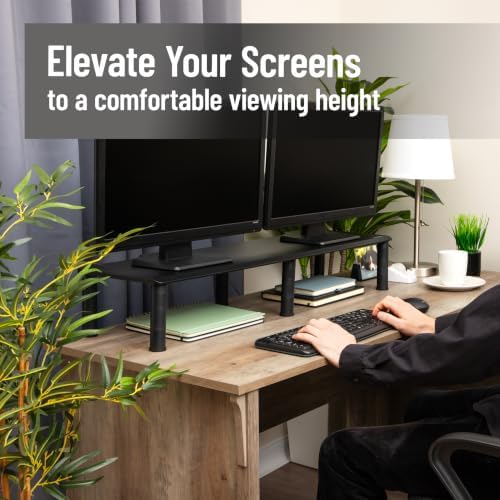 Mind Reader Dual Monitor Stand, Height Adjustable, Desktop Organizer, Laptop Riser, Office, 38.5"L x 11"W x 2.55-6.5"H, Black - Image 2