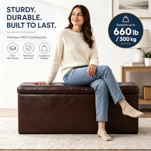 ALASDO 43 Inch Folding Storage Ottoman Bench with Hidden Storage, PU Leather Ottoman Foot Rest Stool, End of Bed Bench for Bedroom, Living Room, Entryway and Closet, Brown - Image 4