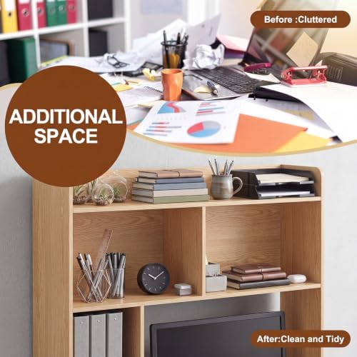 Cinnvoice Natural Desktop Bookshelf Countertop Storage Hutch with Drawer for Computer Desk 5-Tier Display Rack Multipurpose Wood Desktop Hutch Storage Organize for College Dorm Home Office Supply - Image 6