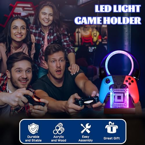 YuanDian Gamer Gifts for Teenage Boy, Desk Gaming Headset and Controller Stand with Blue Pink LED Night Light, Acrylic Wooden Controller Holder with PCB Pattern, Desk Decor Gift - Image 4