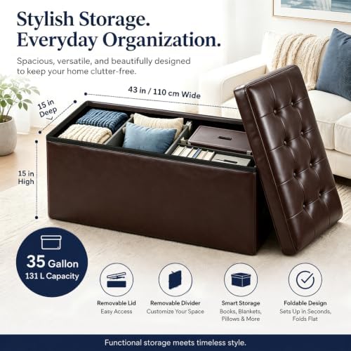 ALASDO 43 Inch Folding Storage Ottoman Bench with Hidden Storage, PU Leather Ottoman Foot Rest Stool, End of Bed Bench for Bedroom, Living Room, Entryway and Closet, Brown - Image 6