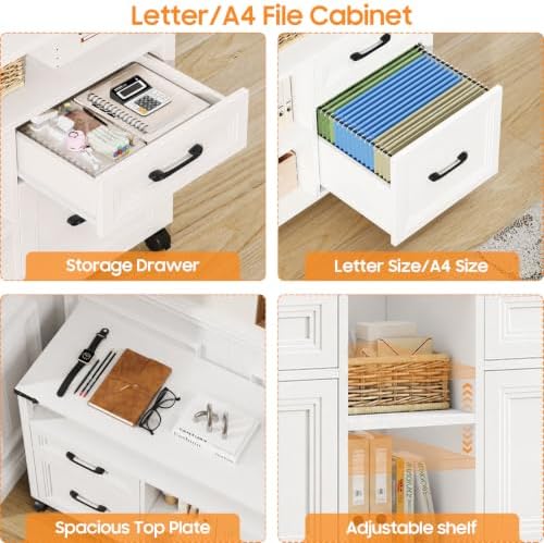 Halitaa Farmhouse Filing Cabinet with Adjustable Shelf & Wheels, White - Image 3