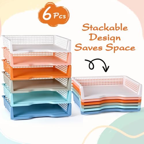 ZZYFGH 6 Pack in Trays for Teachers, Plastic Classroom Paper Organizers, Colorful Storage Baskets for Office, Stackable Office Desktop Document Paper Storage(13.4 * 9.5 * 2.7in) - Image 3