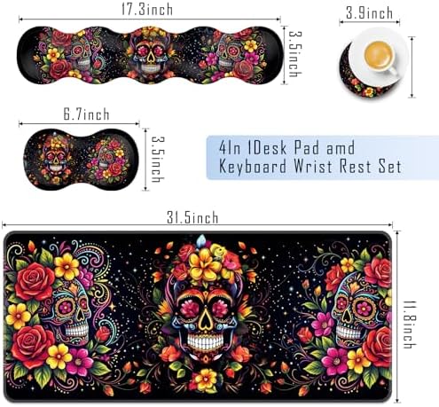 TGFEWYTJYJ Extended Gaming Mouse Pad,Memory Foam Ergonomic Keyboard Mouse Wrist Rest Support Set,Large Desk Mat with Stitched Edges,Non-Slip Base Mousepad Home Office,Skull in Flowers - Image 2