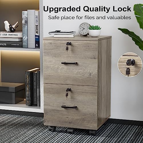 VINGLI 2 Drawer File Cabinet with Lock, Wood Rustic Gray Filing Cabinet for Letter Size File Folders with Tabs, Under Desk Rolling File Cabinets for Home Office, Mobile File Organization Printer Stand - Image 5