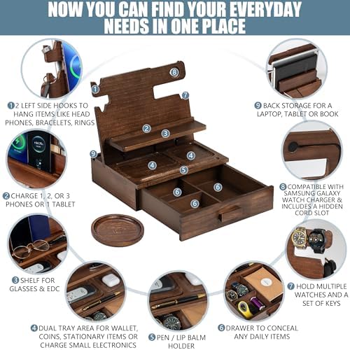 Wood Phone Docking Station for up to 3 Phones, Samsung Galaxy Watch Compatible Nightstand Organizer with Drawer for Valuables for Men & Women, Holds Phones, Tablets, Keys, Rings, Glasses, Watches, EDC - Image 2