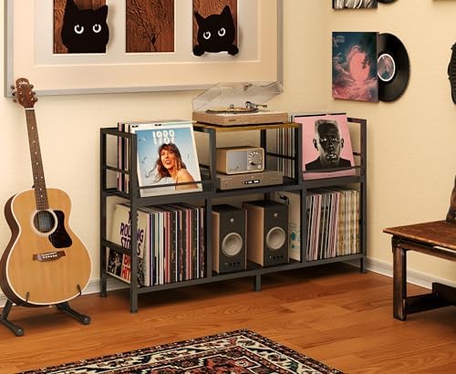 Record Player Stand with Dual Display Bins Storage for 300+ Vinyl Records - Image 7