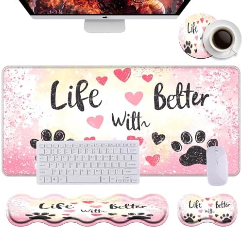 Keyboard Wrist Rest+Mouse Wrist Pad+Desk Pad Set,Memory Foam Ergonomic Easy Typing Pain Relief for Computer Laptop Office Home - Glitter Dog Paw Prints by DSRGRGFDJ