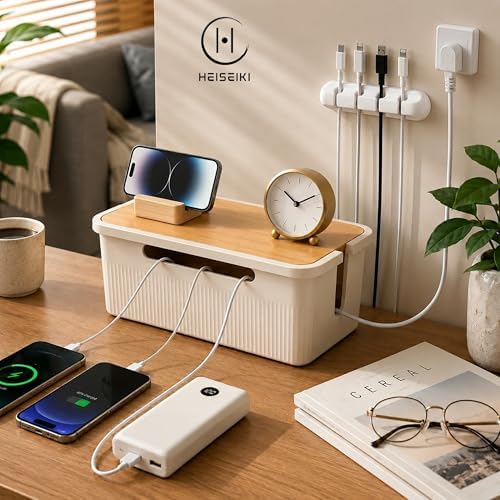 Cable Management Box, Cord Organizer, Pine Wood Lid, Cream White - Image 7