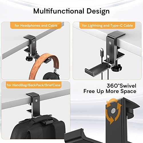 Headphone Stand Headphone Hook, Headphones Stand Under Table Foldable Aluminum Headset Holder Clamp Hanger Mount, Built in Cable Clip Organizer for PC Gaming, Office - Image 4