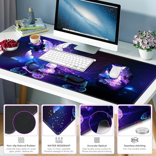 Large Mouse Pad with Wrist Support 4in1 Set, XXL Game Mousepad + Keyboard Wrist Rest+Mouse Wrist Rest+Coaster with Ergonomic Design Gaming Mat for Home Office Table Computer I Purple Butterfly - Image 4