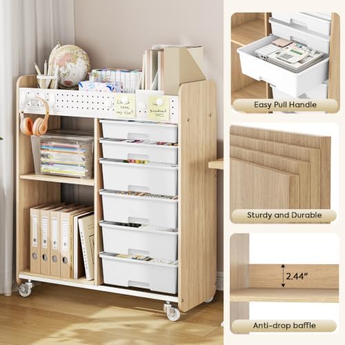 Rolling Craft Cart with 6 Drawers, Pegboard and Locking Wheels Natural - Image 7