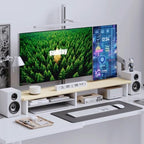FENSULN Dual‑Tier Monitor Stand for Minimalist Wooden and Metal Riser Shelf Desktop Stands Organizer with Underneath Storage for Dual Monitors, Laptops, Home Office Aesthetic Beige - Image 2
