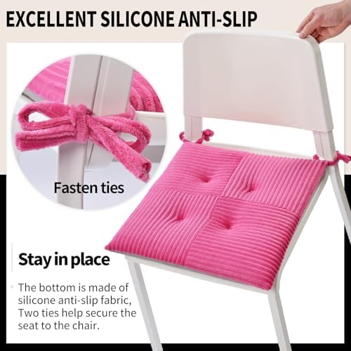 Office Stacking Chair Cushions 4 Pack, Corduroy High Density Foam Kitchen Seat Cushions with Ties, Square 17" x 17" Indoor Non-Slip Dining Chair Pads, Pink, 4pcs - Image 5
