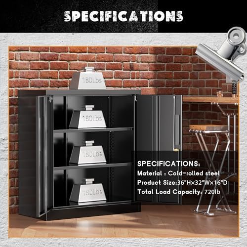 Greenvelly Metal Garage Storage Cabinet,36" Black Lockable Metal Cabinets with 2 Doors and Shelves,Storage Locking Counter Cabinet for Home Office,Garage,Kitchen,School - Image 4