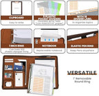 Clipboard with Storage for Men Women, Leather Padfolio Portfolio with Zipper, 1 Inch 3 Ring Binder 5 Dividers, Notepad for Letter Size, Elastic Closure and Pen Loop, Card Slot，Brown - Image 3